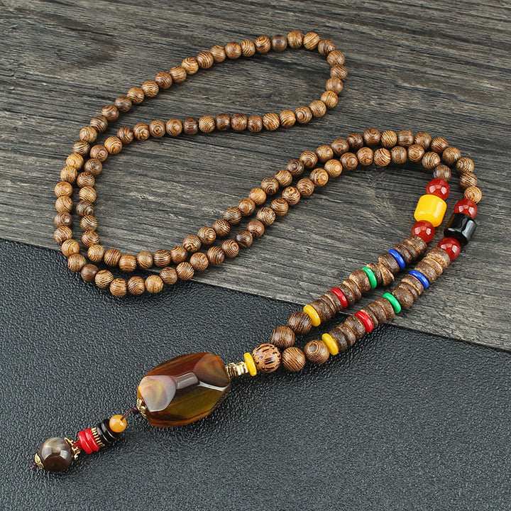 Buddha Stones, colgante de collar de paz de equilibrio de ágata de semilla Bodhi de madera de wengué tibetano