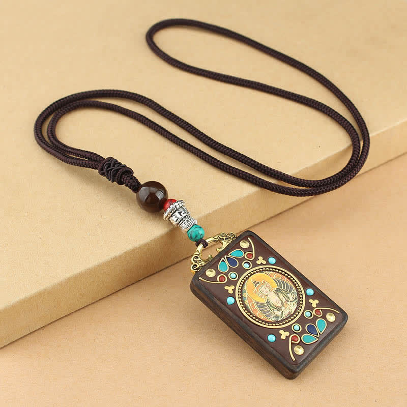 Colgante de collar de paz de ébano Thangka, dios de la riqueza del Tíbet, Buddha Stones