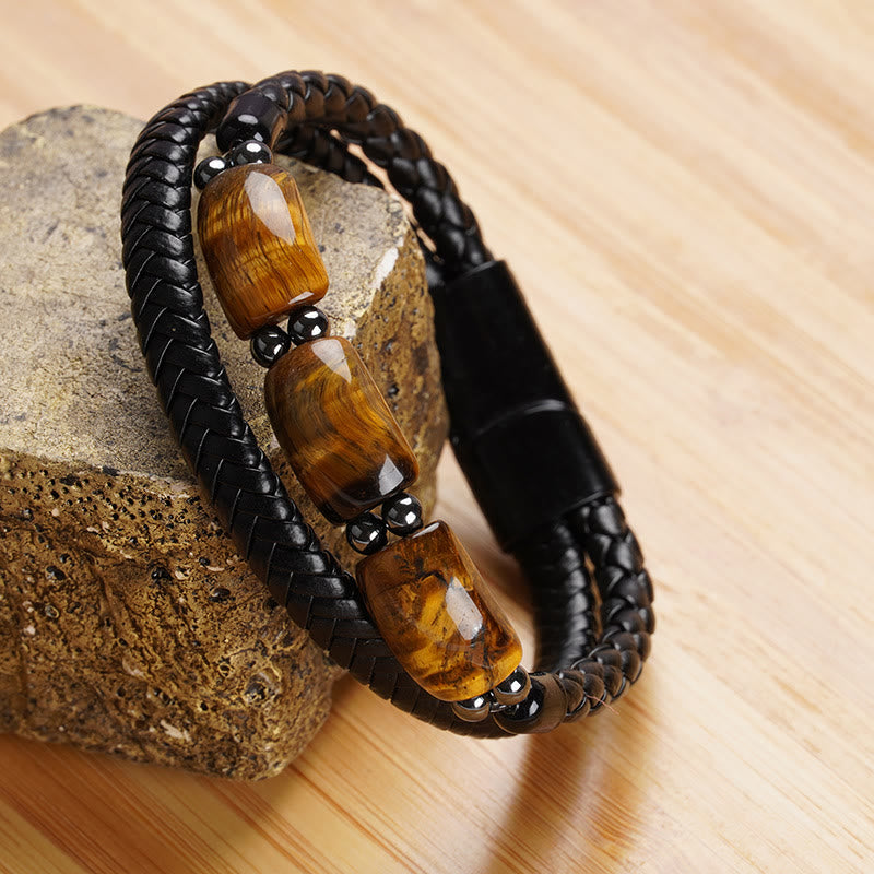 Pulsera de cuero con hebilla magnética y protección de ojo de tigre natural con Buddha Stones