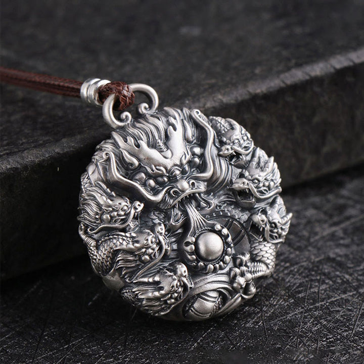 Collar con colgante de plata de ley 999 con Buddha Stones , nueve dragones jugando con una perla, protección de la suerte