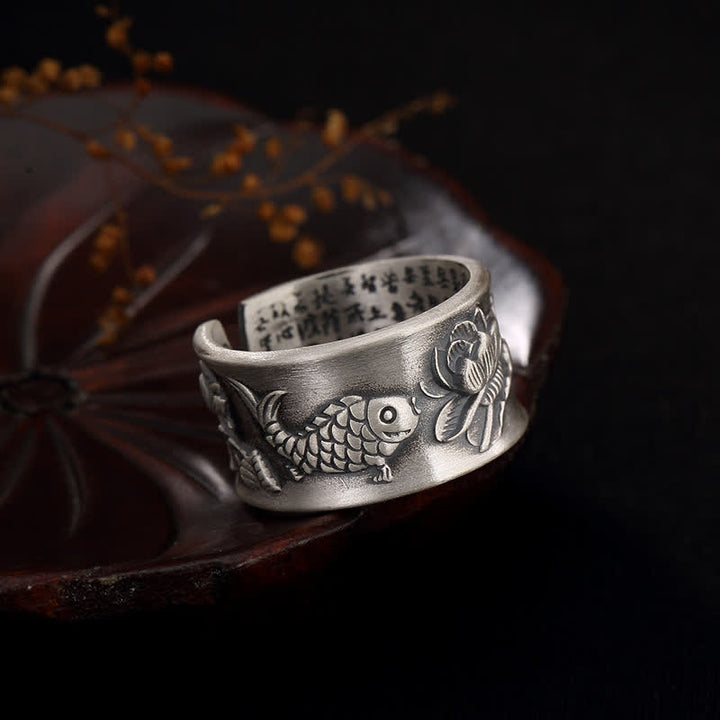 Anillo de plata de ley 999 con diseño de corazón de loto y pez koi de la suerte