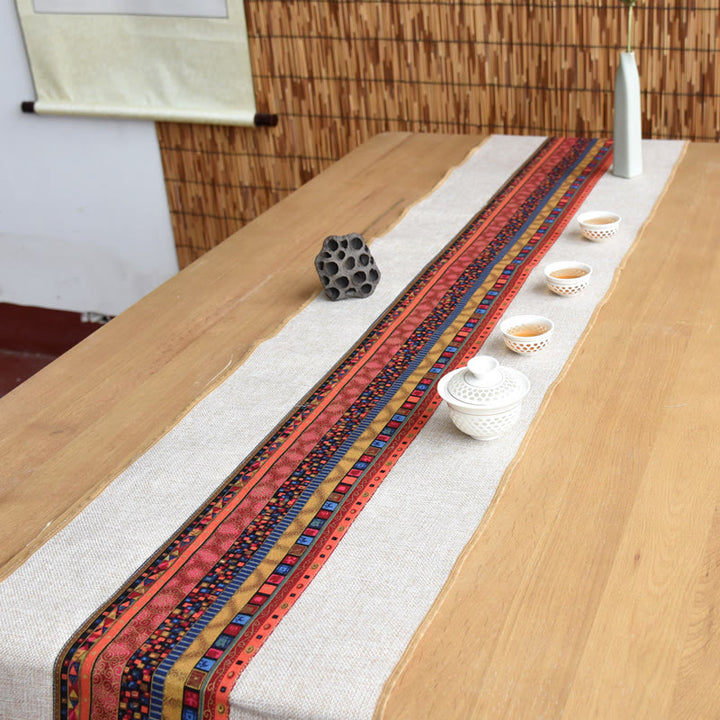Camino de mesa con borlas de lino y algodón, Buddha Stones, estilo chino clásico, loto, pez Koi, flor, grulla, caligrafía, iluminación