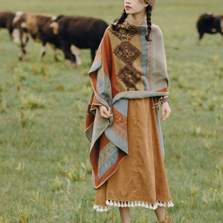 Bufanda de capa cálida de invierno con patrón de diamantes de chal tibetano de Buddha Stones - image 4