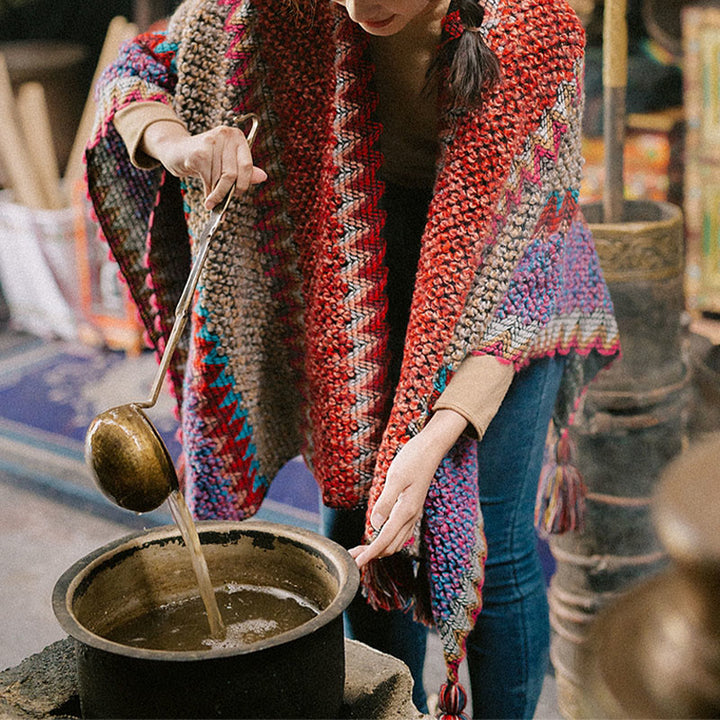 Buddha Stones, capa cálida tejida, bufanda con borlas tibetanas