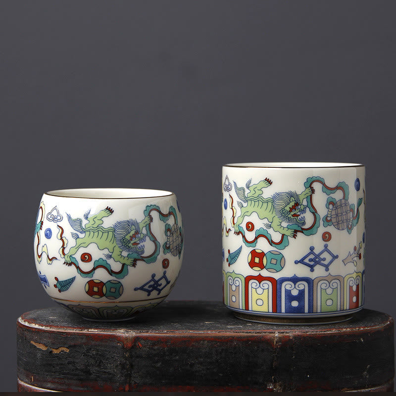 Tazas de té de cerámica con Buddha Stones, Vintage, flor de ciruelo, pino, bambú, Phoenix, Kirin, León, baile