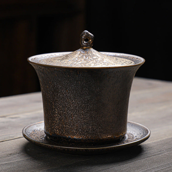 Taza de té y platillo de cerámica con esmalte de óxido Retro, Buddha Stones , Gaiwan Sancai, Kung Fu, con tapa