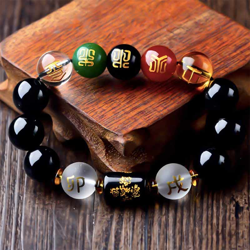 Pulsera de porsperidad de riqueza de cinco elementos de obsidiana Feng Shui del zodíaco chino con Buddha Stones