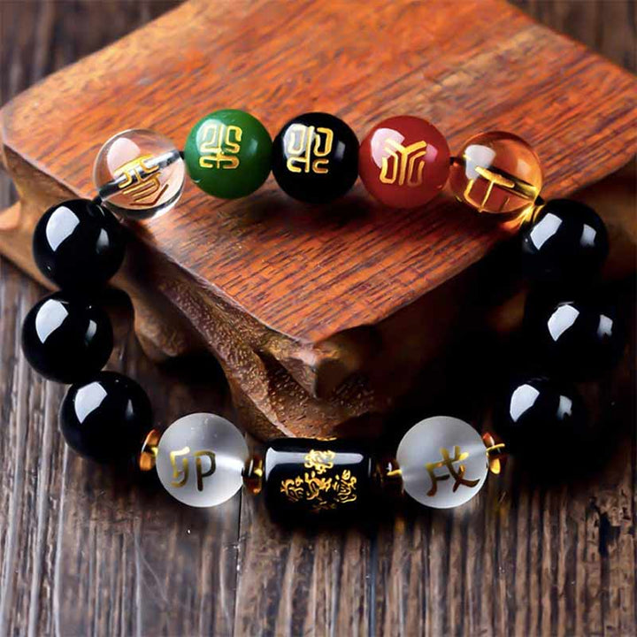 Pulsera de porsperidad de riqueza de cinco elementos de obsidiana Feng Shui del zodíaco chino con Buddha Stones