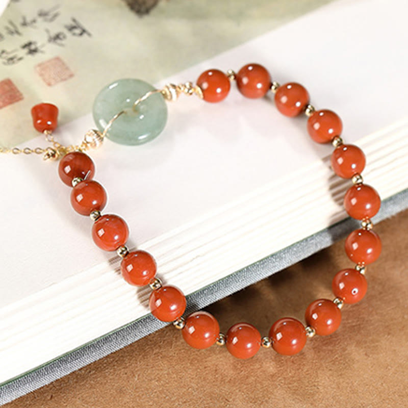 Pulsera de confianza con forma de calabaza y monedas de cobre con hebilla de paz y ágata roja de jade rellena de oro de 14 quilates con Buddha Stones