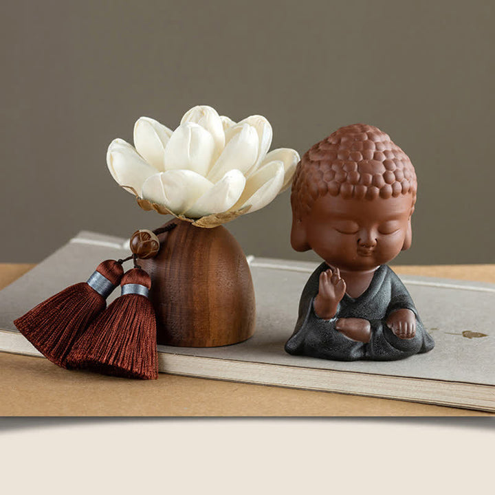 Decoraciones de cura calmante de flor de Buda de madera de melocotón negro - Pequeño Tathagata de Meditación - image 5