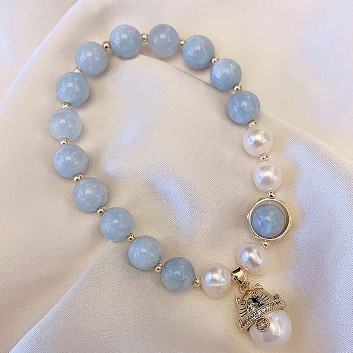 Pulsera con dije de gato de la suerte, curación de la paz, perlas de aguamarina, Buddha Stones - image 2