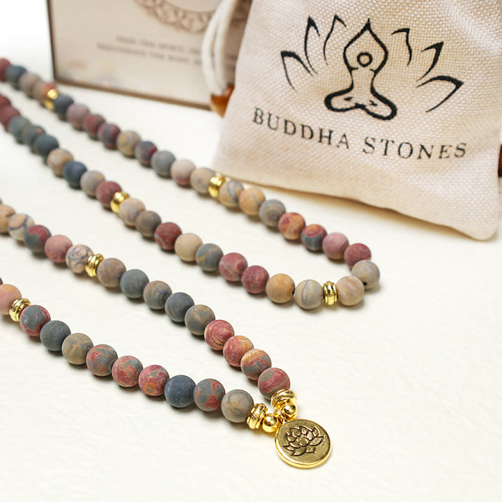 Pulsera de energía con 108 cuentas de Mala, piedra de jaspe Picasso, Buddha Stones