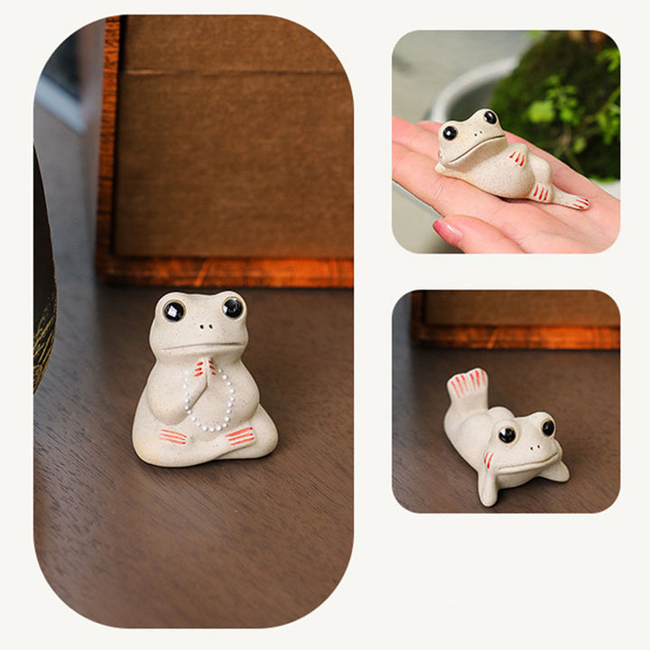 Buddha Stones Mini pequeña rana rezando cerámica riqueza prosperidad hogar té mascota estatuilla decoración