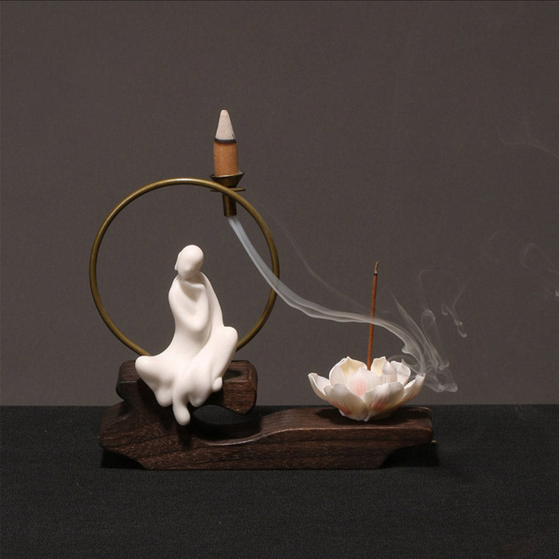 Quemador de incienso de meditación curativa de loto de cerámica con Buddha Stones , decoración