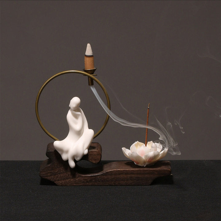 Quemador de incienso de meditación curativa de loto de cerámica con Buddha Stones , decoración