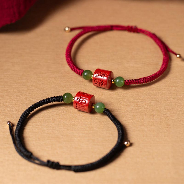Pulsera de cuerda trenzada con Buddha Stones Tibetam cinabrio Om Mani Padme Hum grabada bendición