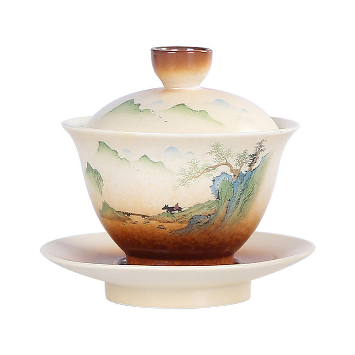 Taza de té y platillo con tapa, cerámica Gaiwan Sancai, paisaje de montaña, Buddha Stones, Kung Fu