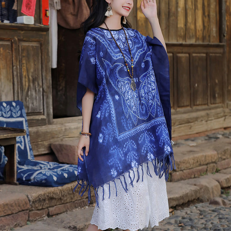 Jersey de viaje suave con borlas y chal de pez Koi teñido anudado azul con Buddha Stones 90*95cm