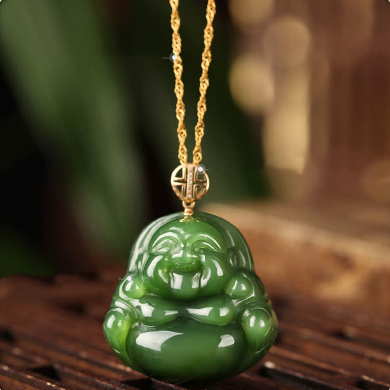 Colgante de cadena de collar de éxito de oro de 18 quilates con jade cian hetiano de Buda sonriente de plata de ley 925 - Jade Cian Hetian (Éxito ♥ Curación) - image 1
