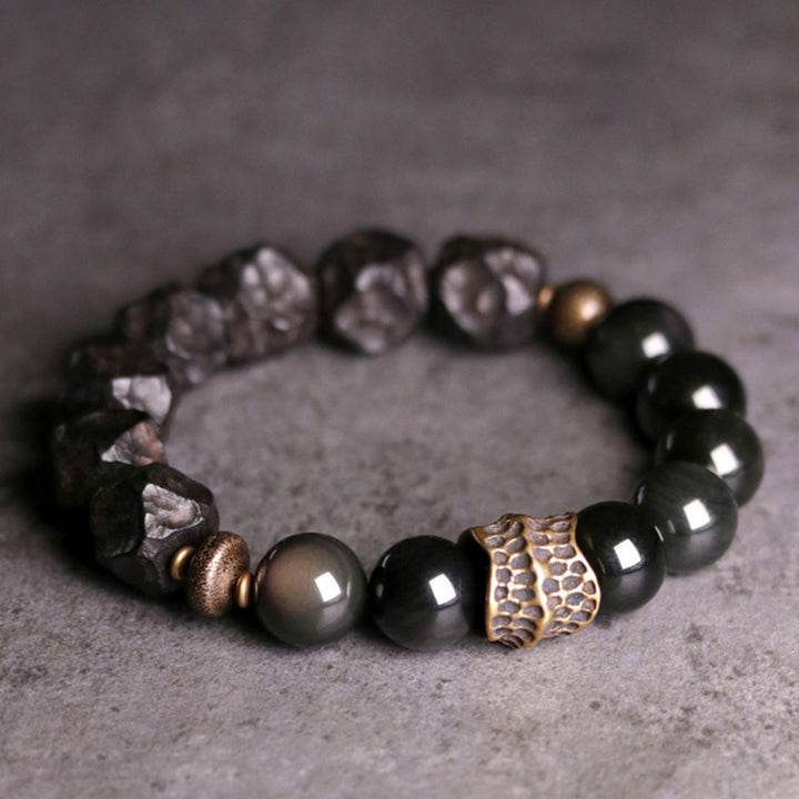Pulsera de pareja de fuerza de cobre de madera de ébano de obsidiana negra con Buddha Stones