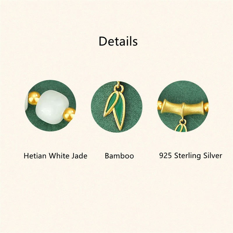 Pulsera de la suerte de bambú de jade blanco hetiano de plata de ley 925 con Buddha Stones