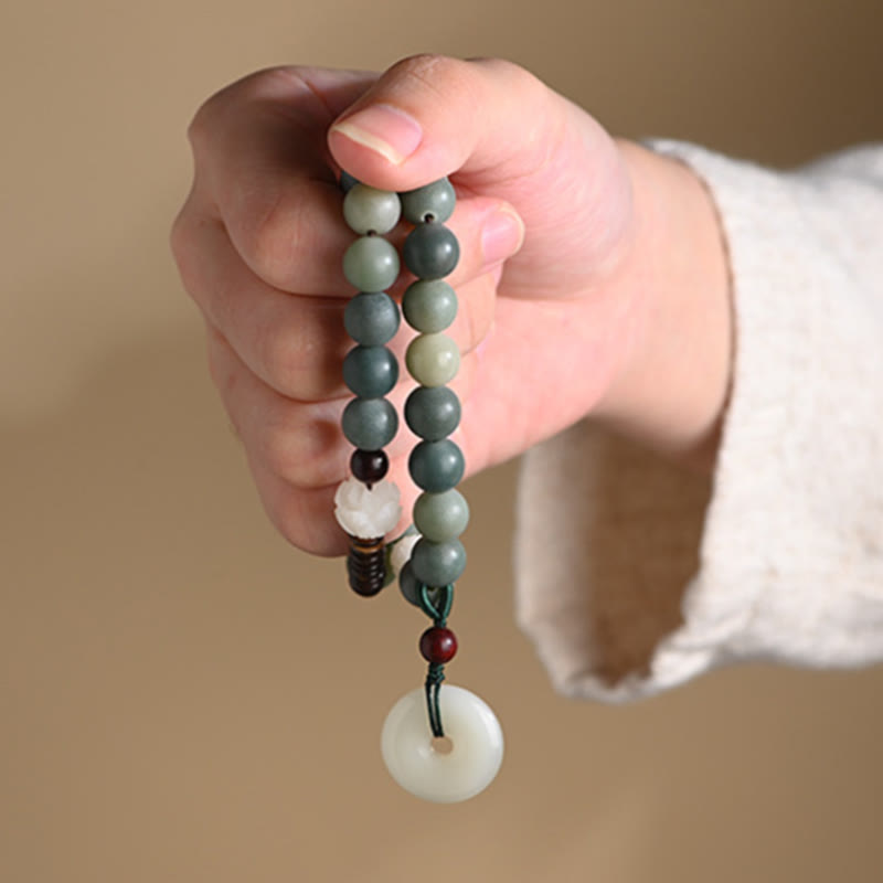 Pulsera de doble envoltura con hebilla de paz y jade de loto, semilla de Bodhi cian
