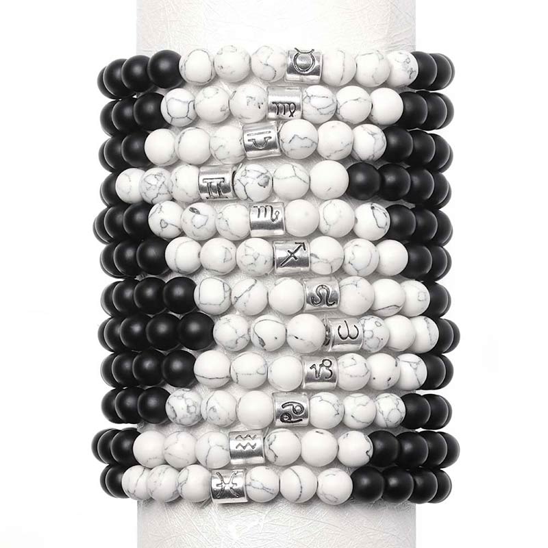 Buddha Stones 12 Constelaciones del Zodíaco Piedra Natural Esmerilada Pulsera de la Fortuna con Cuentas de Turquesa Blanca