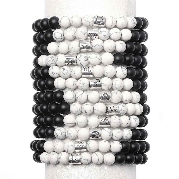 Buddha Stones 12 Constelaciones del Zodíaco Piedra Natural Esmerilada Pulsera de la Fortuna con Cuentas de Turquesa Blanca
