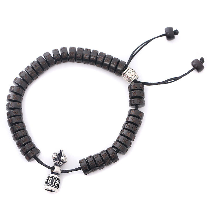 Buddha Stones Tíbet cáscara de coco tallada Om Mani Padme Hum Dorje Vajra Bell pulsera de cuerda de felicidad