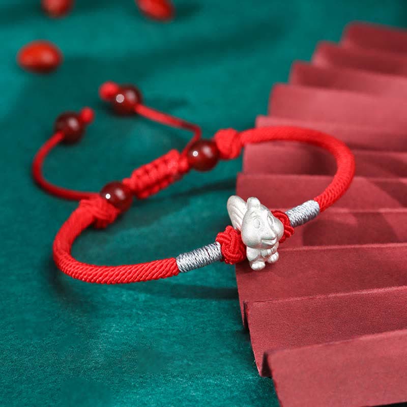 Pulsera de hilo rojo de la fuerza de la suerte del zodíaco chino de plata de ley 999 con Buddha Stones