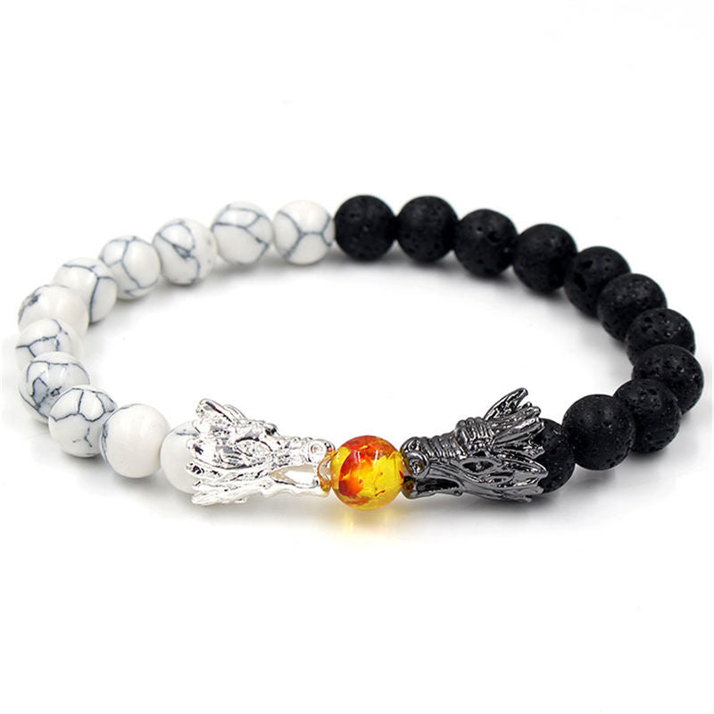 Pulsera con cuentas de bendición de dragón de roca de lava, turquesa blanca, Buddha Stones