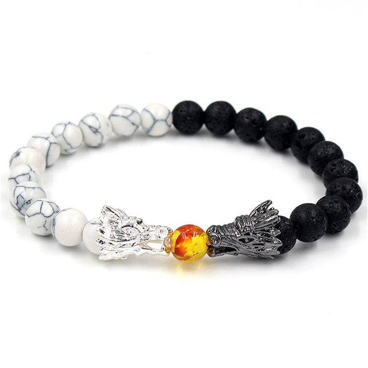 Pulsera con cuentas de bendición de dragón de roca de lava, turquesa blanca, Buddha Stones