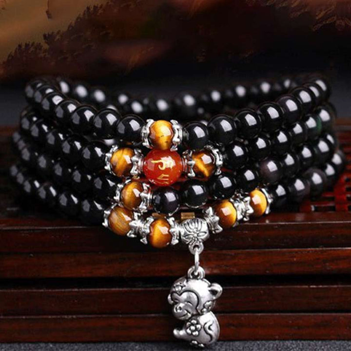 Pulsera de Mala de la fortuna con ojo de tigre de obsidiana negra con 108 cuentas del zodiaco chino