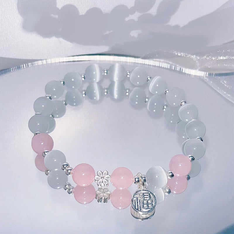 Pulsera de soporte con dije de personaje Fu de campana de flor de melocotón de cristal de ojo de gato con Buddha Stones