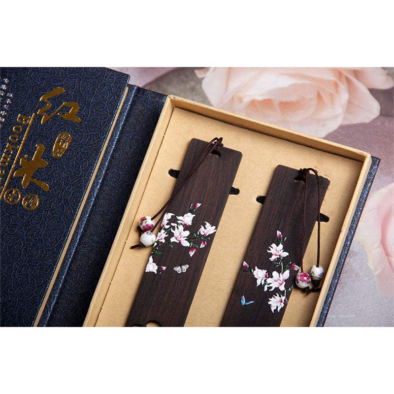 Marcadores de madera de ébano con flores de mariposa y Buddha Stones con caja de regalo