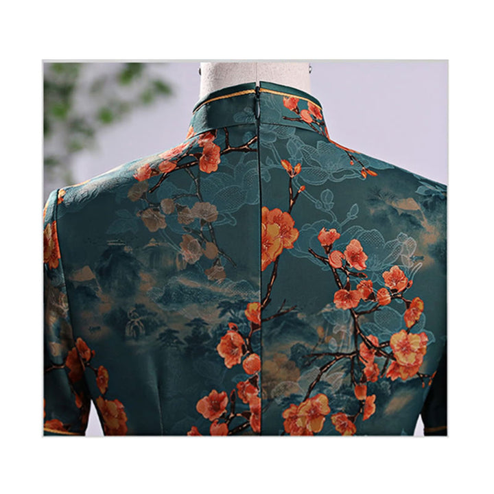 Vestido Cheongsam para mujer con estampado de plumas de peonía y flor de loto Retro con Buddha Stones - image 8