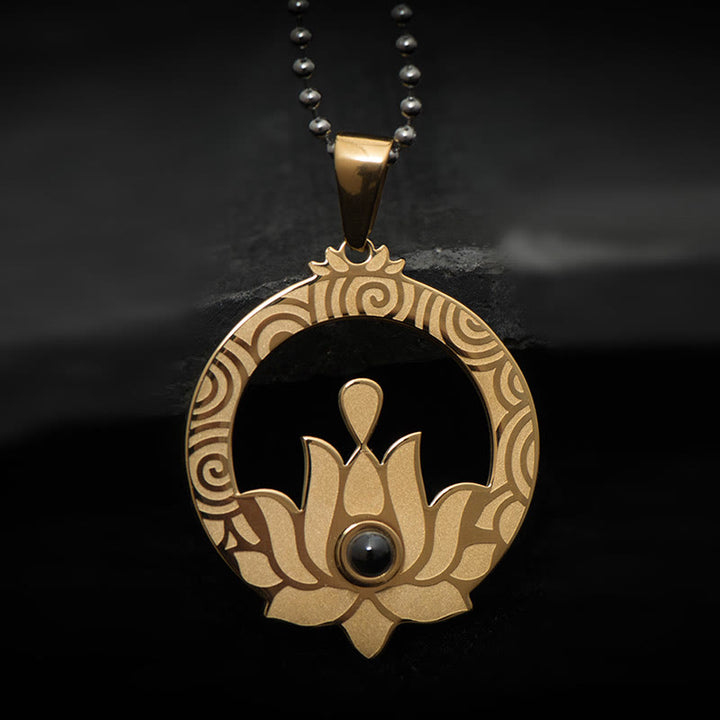 Buddha Stones loto titanio acero iluminación proyección Shurangama Mantra collar colgante