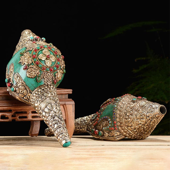 Tibetano hecho a mano grabado Shankha doble Dorje Buda Concha riqueza decoración positiva - image 0