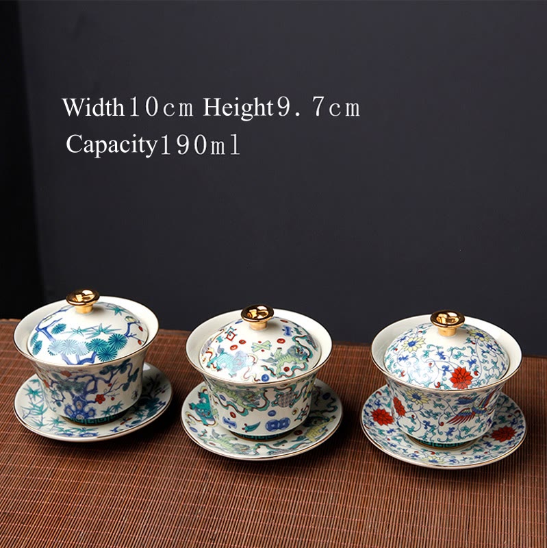 Buddha Stones Retro, flor de ciruelo, pino, bambú, Phoenix Kirin, cerámica Gaiwan Sancai, taza de té de Kung Fu y platillo con tapa