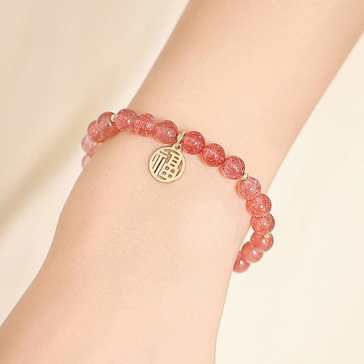 Pulsera con dije curativo de personaje Fu de cuarzo fresa chapado en oro de 14 quilates con Buddha Stones