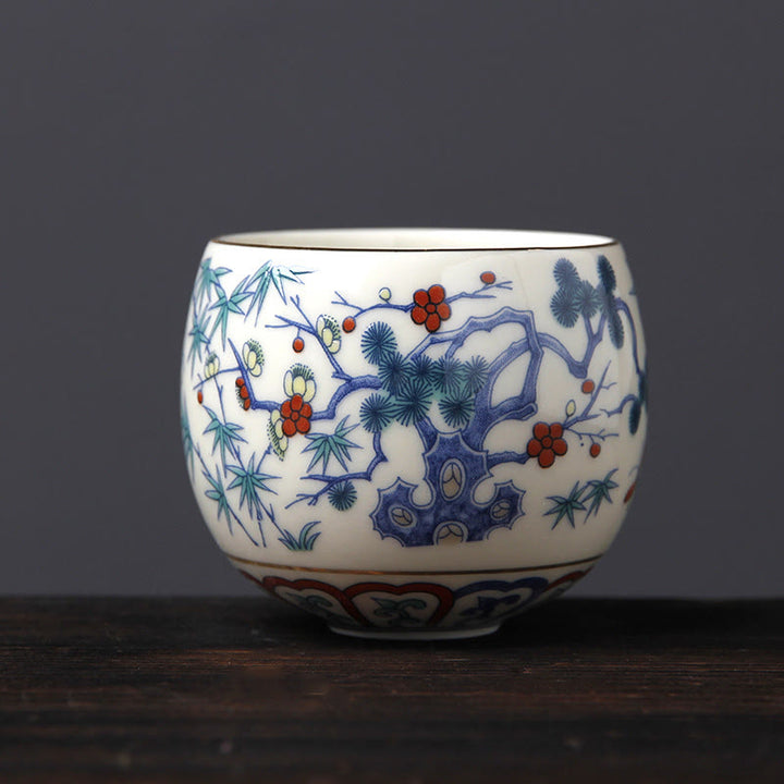 Tazas de té de cerámica con Buddha Stones, Vintage, flor de ciruelo, pino, bambú, Phoenix, Kirin, León, baile
