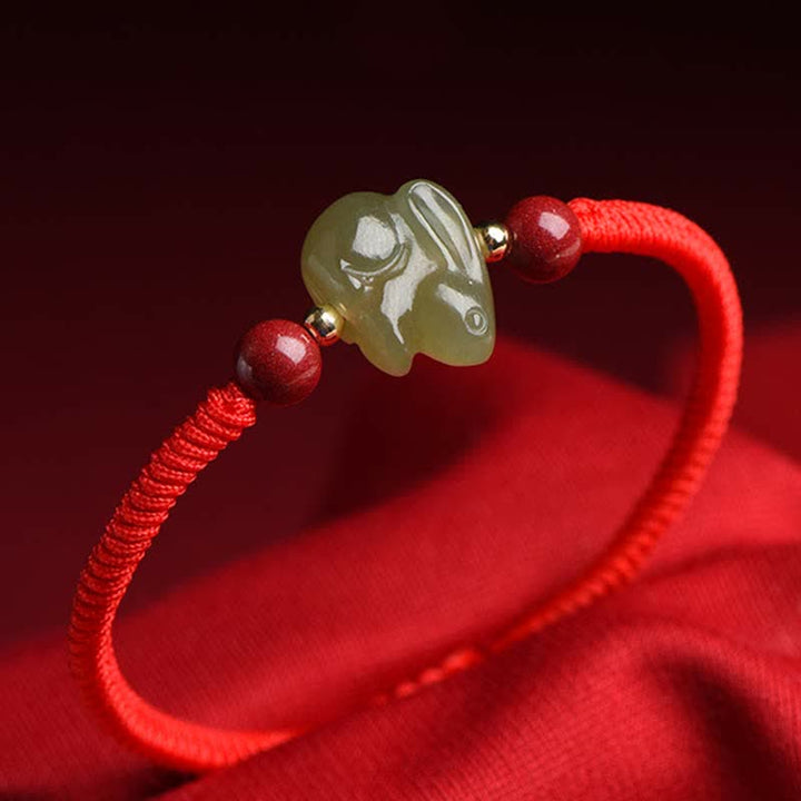 Año del Conejo Hetian Jade Bunny Cinabrio Con Cuentas Pulsera de Hilo de Abundancia