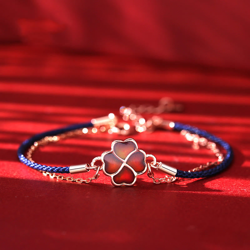 Pulsera de hilo rojo con protección de la suerte de trébol de cuatro hojas que cambia de color de plata de ley 925 con Buddha Stones