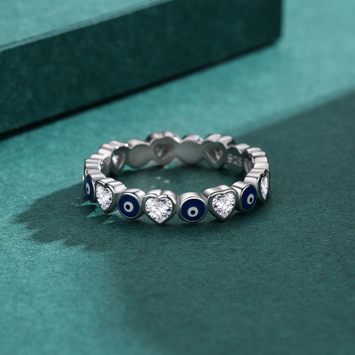 Anillo de bendición de circonita con forma de corazón de amor y mal de ojo de plata de ley 925 con Buddha Stones