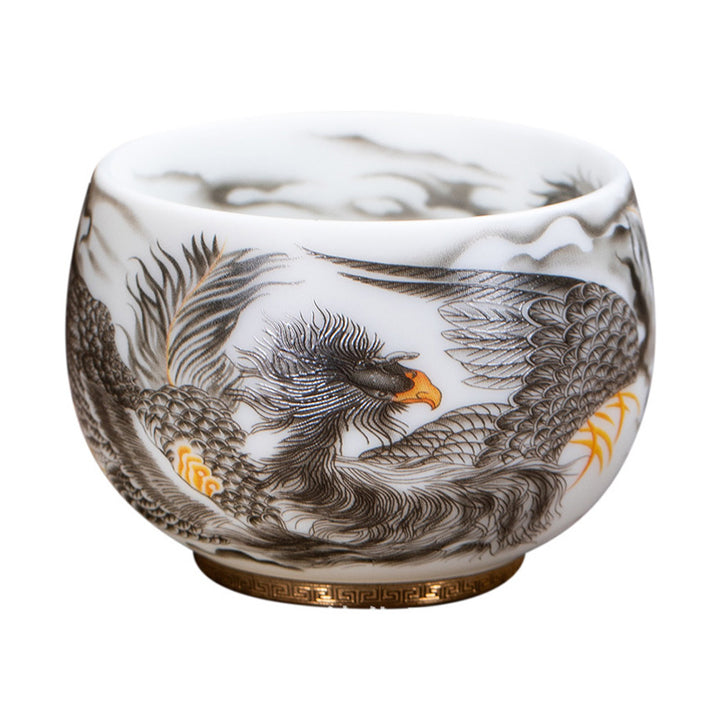 Taza de té de cerámica de porcelana blanca Phoenix Buddha Stones, taza de té de Kung Fu de 185ml con caja de regalo