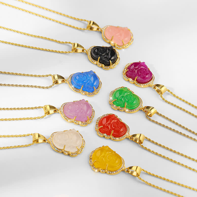 Colgante de cadena con collar de la suerte de jade de Buda sonriente relleno de oro de 18 quilates con Buddha Stones - image 16