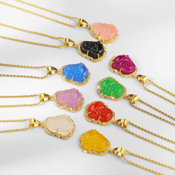 Colgante de cadena con collar de la suerte de jade de Buda sonriente relleno de oro de 18 quilates con Buddha Stones - image 16