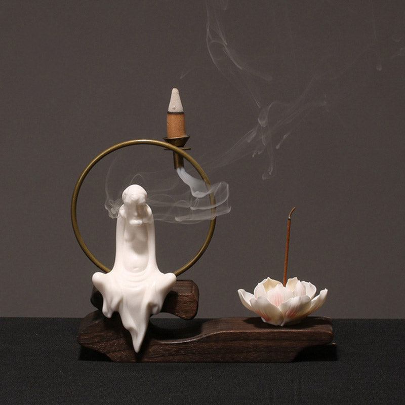 Quemador de incienso de meditación curativa de loto de cerámica con Buddha Stones , decoración