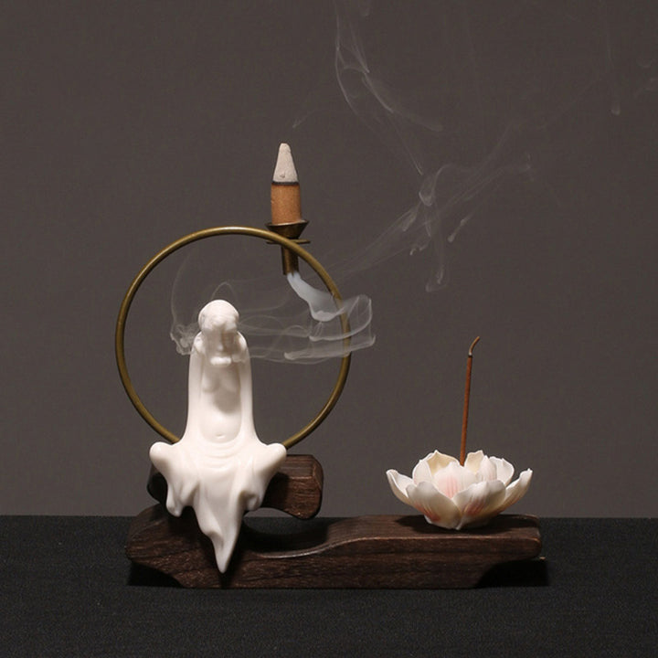 Quemador de incienso de meditación curativa de loto de cerámica con Buddha Stones , decoración