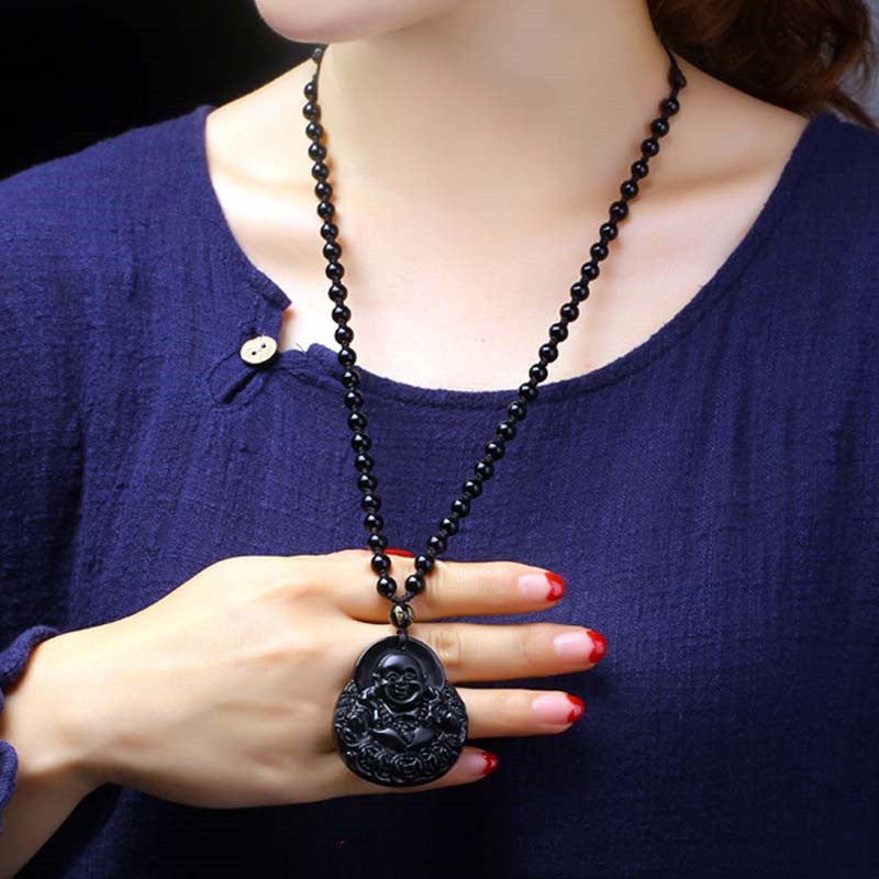 Collar con colgante de protección de fuerza de obsidiana negra de Buda sonriente con Buddha Stones - image 3
